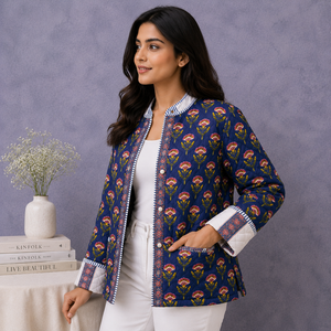 Chaqueta de Algodón Acolchada con Estampado Floral para Mujer, Ligera, con Estampado de Bloques, Frente Abierto, Estilo Casual Boho, Fabricante Mayorista OEM ODM - Product Image 2