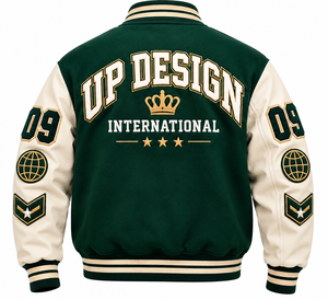 Chaqueta Universitaria Personalizada Verde y Crema, Chaqueta Bomber de Béisbol de Lana Premium con Logotipo Bordado, Chaqueta Universitaria Estilo Urbano - Product Image 3
