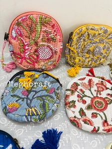 Womens Multi-Functional Cotton Quilted Boho Round <b>Mini</b> Bag Eco- Friendly <b>Pouch</b> With Zipper Closure for Coins And Earphones - Product Image 2