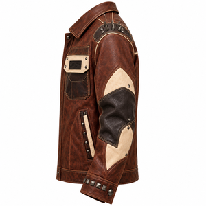 Brown Mens Leather Chore Jacket DJ Gorilla Graphic Spiked <b>Studded</b> Biker Coat Lapel Custom OEM ODM Factory Wholesale Production - Product Image 4
