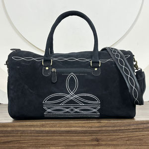 Custom Boot Stitch Suede Leather <b>Travel</b> Duffel Genuine Leather <b>Weekender</b> Overnight <b>Bag</b> Large Capacity Carry on <b>Bags</b> for Unisex - Product Image 5