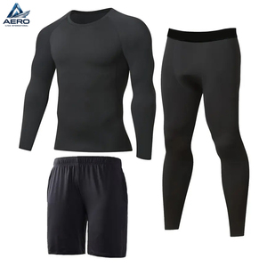Conjunto Deportivo de 3 Piezas para Hombre, Color Negro, Secado Rápido, Cómodo, Camiseta de Manga Larga, Pantalones Cortos y Leggings de Compresión - Product Image 1