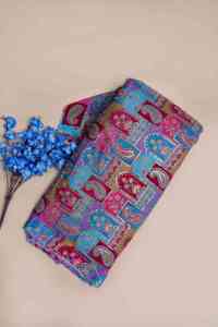 Natural Crepe <b>Blue</b> Geometric Ethnic Placement Print Fabric with Paisley Ornamental Border for All Kind Of Dress <b>Material</b> - Product Image 4