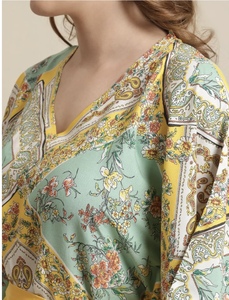 Wholesale Women's Bohemia Maxi Abaya V Neck Floral Print Rayon <b>Kaftan</b> Loose Fit Summer Dress With Pom Pom Trim Middle East Style - Product Image 2