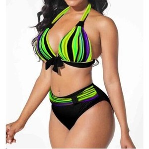 Conjunto de Bikini a Rayas con Cuello Halter para Mujer, Traje de Baño de Dos Piezas de Cintura Alta, Talla Grande, con Ribete en Contraste, Spandex y Poliéster - Product Image 2