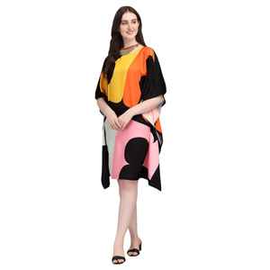 Robe Kaftan Courte pour Femme – Imprimé Paon Ethnique Jaune et Vert, Tunique Ample Festive - Product Image 3