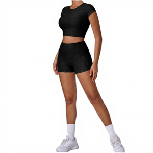 Conjunto de Yoga de Dos Piezas Verde Sólido, Transpirable, con Logotipo en la Parte Delantera, Shorts de Cintura Alta, Spandex/Nylon, Ropa Deportiva para Mujer - Product Image 5