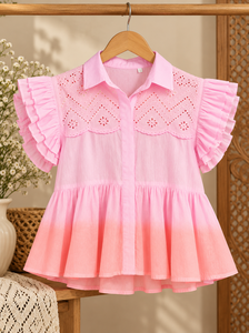 Chemisier rose à manches courtes pour femme avec volants et dentelle ajourée, col rabattu, style doux, haut printemps-été - Product Image 2