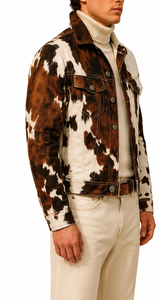 brown and white hair-on cowhide <b>western</b>-style trucker <b>jacket</b> - Product Image 3