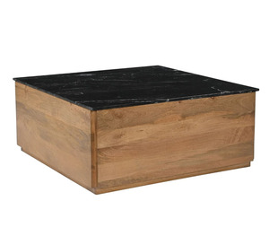 Grande table basse carrée luxueuse avec base en bois de manguier massif et plateau en marbre noir, table basse de salon, bureau à domicile - Product Image 1