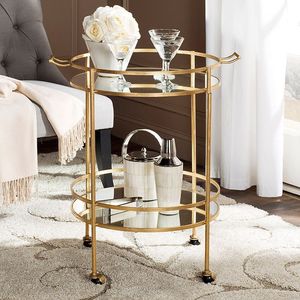 Contemporary Gold Iron Beverage Cart with Glass Shelves and Wheels Rolling <b>Serving</b> <b>Trolley</b> for Home Kitchen Dining Area Storage - Product Image 4