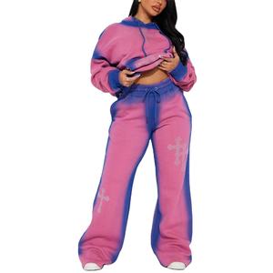 Ropa deportiva informal para mujer, Conjunto de sudadera con capucha, 100% de algodón, estilo holgado, con diamantes de imitación, lavado, cuello redondo, conjunto de manga larga - Product Image 1