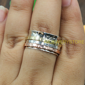 Bague tournante tricolore faite à la main en argent sterling 925, laiton et cuivre, large, style méditation bohème, bijou tendance pour femmes et hommes - Product Image 4