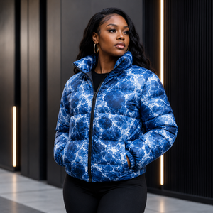 Chaqueta Acolchada Cosh International con Estampado de Mármol Azul, Cortavientos, Cuello Alto, Cierre de Cremallera, Gruesa, Informal, de Invierno, Unisex - Product Image 2