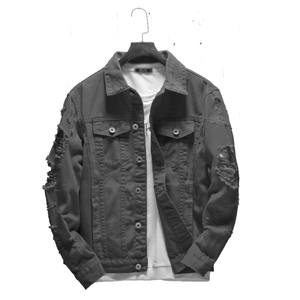 Veste en jean noire pour homme, col rabattu, décontractée, en coton délavé, coupe classique, effet usé et déchiré, style automne - Product Image 1