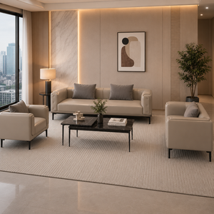 INTELLIGENTIA WOODS - Juego de Sofás de Cuero Modernos y Lujosos de 1+3+1 Plazas con Estructura de Madera Maciza y Espuma de Alta Densidad para Sala de Estar - Product Image 1