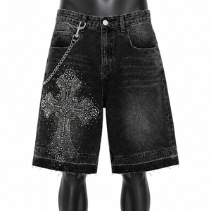 Custom Men's Solid <b>Black</b> Rhinestone Casual Denim Baggy Streetwear <b>Jeans</b> OEM ODM Wholesale Fashion <b>Shorts</b> High Quality Windproof - Product Image 1