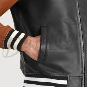 Blouson aviateur en cuir bicolore noir et marron pour homme avec col chemise classique et poignets côtelés rayés - Product Image 6