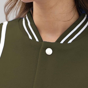 Women's Olive Green Varsity <b>Jacket</b> Full <b>Sleeve</b> Solid Color Turn-down Collar <b>Short</b> Length Contrast Trim Autumn Style - Product Image 3