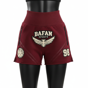 Shorts de poliéster y spandex premium de 240 GSM, color granate, cintura alta, con cremallera lateral, bolsillos y logotipo bordado. - Product Image 6