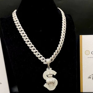 Colliers unisexes en argent sterling 925 avec perles de culture d'eau douce et moissanite taille brillant ronde, chaîne cubaine, bijoux fins pour soirée hip-hop - Product Image 1