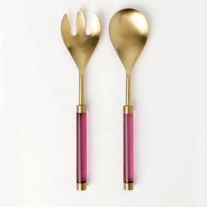 Juego de servicio de ensalada de plata pulida con espejo de acero inoxidable con mango sólido redondo de mármol blanco - Product Image 3