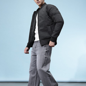 Men'<b>s</b> Black Bomber <b>Jacket</b> Polyester Windproof Zipper Closure Stand Collar Casual Winter Wear Thick Padded Design - Product Image 2