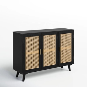 Modern Black <b>Wooden</b> <b>Cabinet</b> with Rattan Doors Stylish Design Spacious Shelves Durable Build Perfect for Living Room and Hallway - Product Image 1