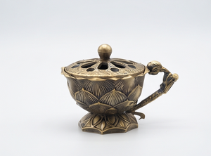Wholesale Gold Metal <b>Incense</b> Censer Lotus Flower Stand Sculpted Handle <b>Cone</b> Holder Cutout Lid - Product Image 3