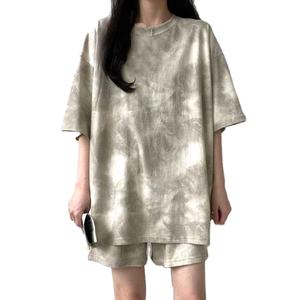 Tie Dyed Print Women <b>Short</b> Sleeve O neck T shirt Elastic Waist Pockets <b>Shorts</b> <b>Lady</b> Summer Loose Women T Shirt - Product Image 1