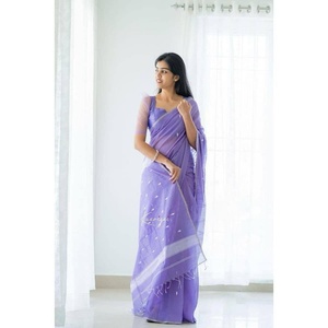 FANTAISIE DOUCE LIN SLUB SOIE SAREE AVEC BLOUSE NON POUSSÉE VÊTEMENT LAVANDE VÊTEMENTS - Product Image 5