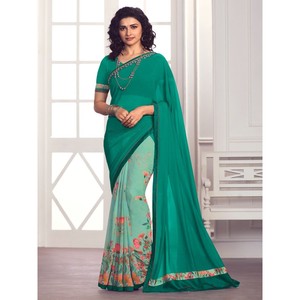 TRENDING GEORGETTE IMPRIMÉE DENTELLE WIORK SAREE AVEC BLOUSE NON COUCHÉE VERT - Product Image 1