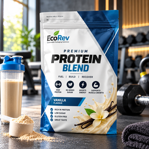 Bolsa Personalizada EcoRev a Prueba de Humedad con Boquilla Superior, Cierre Ziplock, Acabado Mate, Impresión Serigráfica, para Nutrición Deportiva y Proteína de Suero - Product Image 4