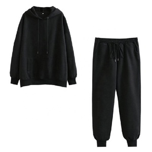 Conjunto de Sudadera con Capucha y Pantalones Deportivos Extra Grandes Negros Personalizados para Mujer, Traje Deportivo de Dos Piezas de Felpa, Sudadera con Capucha Informal - Product Image 1