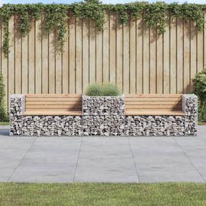 Banco de Jardín de Madera Natural con Cesta de Gabion Plateada, Muebles Elegantes para Patio - Product Image 1