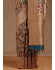 Sari KV para Mujer, Color Beige, Chanderi, con Estampado Floral Kalamkari y Blusa sin Coser - Product Image 2