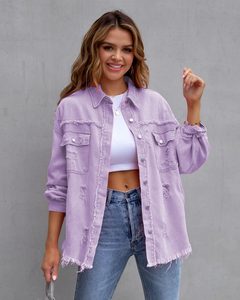 Women's Light Wash Distressed <b>Denim</b> <b>Jacket</b> Casual Button Front Loose Fit Solid Color Cotton Fabric Spring Style - Product Image 4