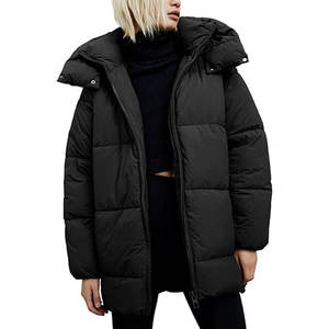 Top Trendy Women's Black Quilted Puffer Jacket Hooded Zipper Closure Long Sleeve <b>Thick</b> <b>Winter</b> <b>Coat</b> Polyester Wadding Solid Color - Product Image 3