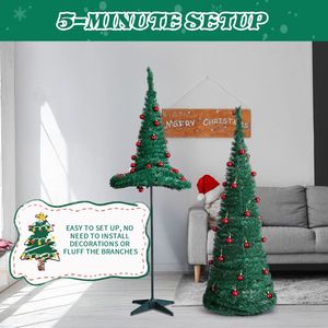 Lot de 2 arbres de Noël artificiels pliables de 6 pieds et 5 pieds avec des boules rouges pour la décoration de la maison ou du bureau, couleur verte - Product Image 2