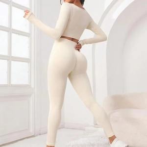 Conjunto de 2 piezas de top deportivo acanalado sin costuras para mujer y leggings de yoga de secado rápido, ideal para gimnasio, venta al por mayor, agradable al tacto, color liso. - Product Image 3