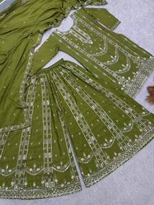 Latest Traditional Indian Designer Sharara <b>Kurti</b> Suit High Fashion Chinon Silk Bollywood Wedding Festive Ready To Wear - Product Image 3