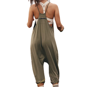 Combinaison sans manches vert olive pour femme avec poches, col en V, coupe ample, longueur intégrale, décontractée, été, 100% coton respirant, tenue de sport - Product Image 2