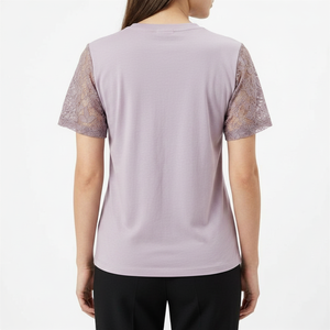 Camiseta de Mujer de Primera Calidad, con Detalle de Encaje, Tejida, Transpirable, de Color Sólido, Cuello Redondo, Manga Corta, Informal, para Primavera y Verano - Product Image 2