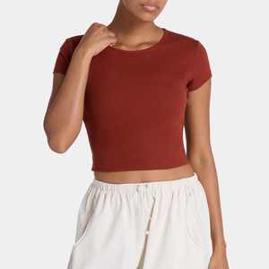 Women <b>Red</b> <b>Crop</b> <b>Top</b> O Neck Short Sleeve Slim Fit Knitted Casual T Shirt Solid Color Breathable for Spring Summer Wear Comfortable - Product Image 1