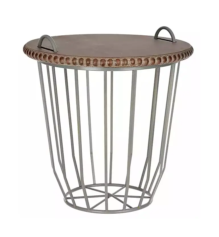 Grey Wire Basket Table with Beaded Wood Top Round Shaped Metal Iron Wire Removable Top Classic Coffee Table