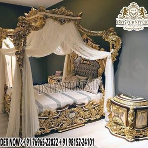 Cama de estilo Maharaja de madera de teca antigua, mueble de dormitorio de acabado antiguo con mesitas de noche, tamaño King - Product Image 4