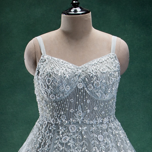 New Vision Pale Blue Sequined <b>Net</b> Women's Evening Gown | Hand-Embroidered Pentagon Neck Bridal Wedding Gown | Couture Floral - Product Image 5