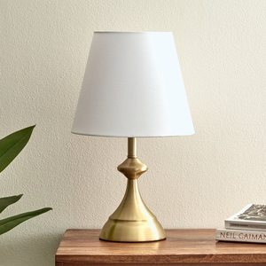 Mid Century design Gold <b>Table</b> Lamp Modern Brushed Brass <b>Bedside</b> Light Trumpet Metal Base Fabric Shade Bedroom Nightstand Decor - Product Image 1