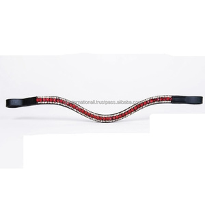 Bandeau de front pour cheval en cuir noir ondulé, avec triple rangée de cristaux rouges et blancs, style diamanté, vente en gros, directement de l'usine - Product Image 4