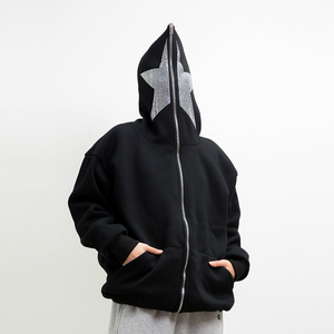 Sudadera con capucha unisex con cremallera completa y estrellas de diamantes de imitación, de algodón grueso, estilo oversize, personalizada para streetwear. - Product Image 1